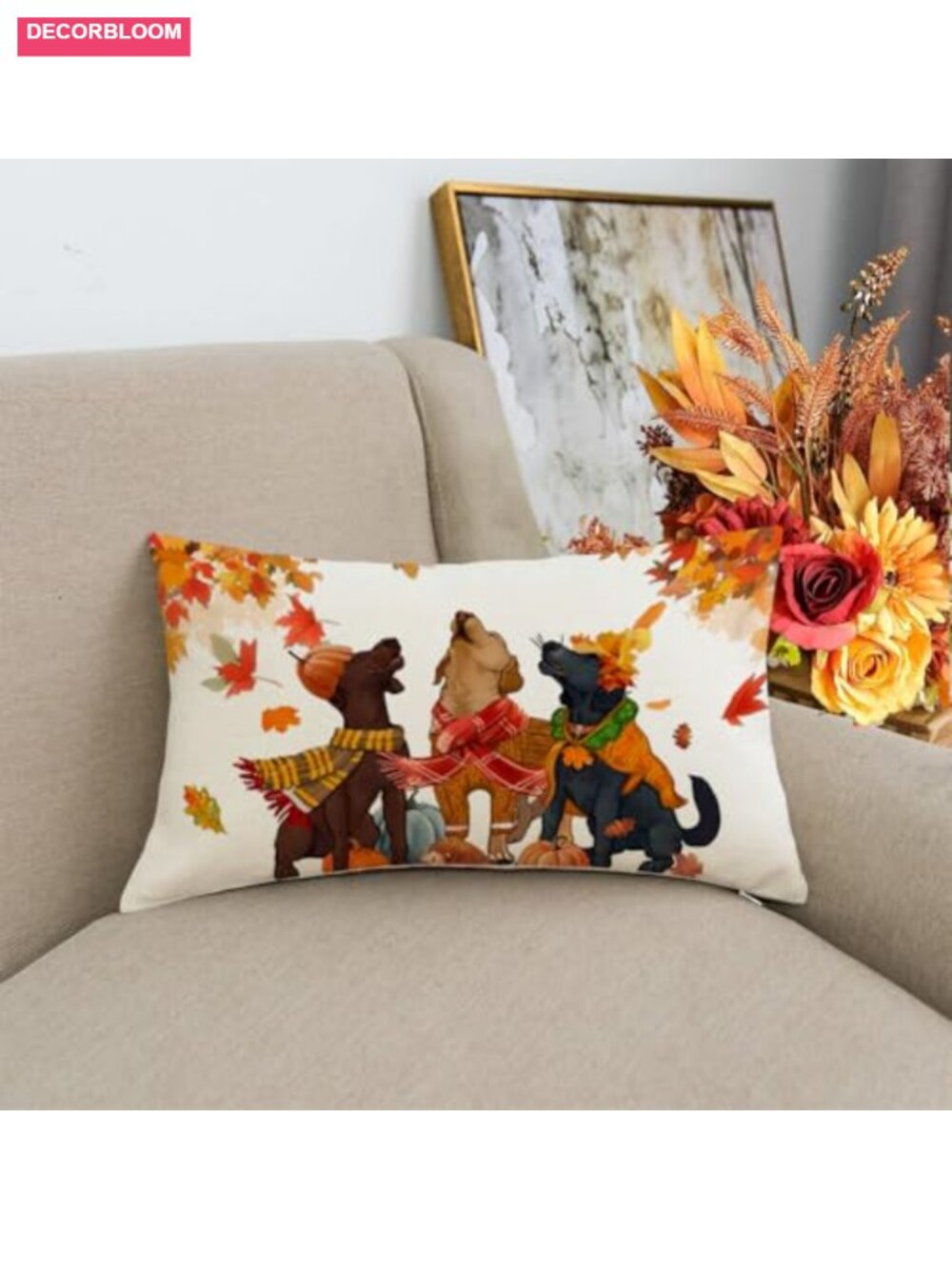 Fall Dog Pattern Throw Pillow Covers 12x20 Set of 1 Linen - Picture 2 of 6